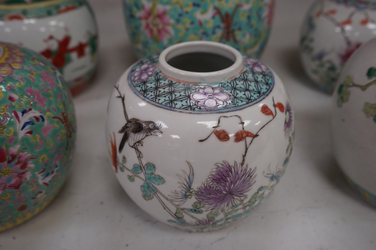 Six early 20th century Chinese enamelled porcelain jars, two with covers, largest 16cm high. Condition - fair, some cracks